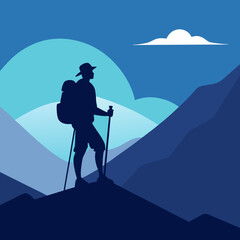 Adventurous Hiker Silhouette In Majestic Mountain Landscape Illustration