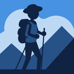 Hiking Silhouette: Adventurous Backpacker Trekking Mountain Peaks