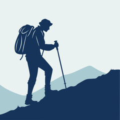 Hiking Silhouette: Adventurous Backpacker Ascending Mountain Peak