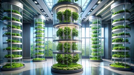 Modern Indoor Vertical Farming System with Towering Glass Structures and Lush Greenery