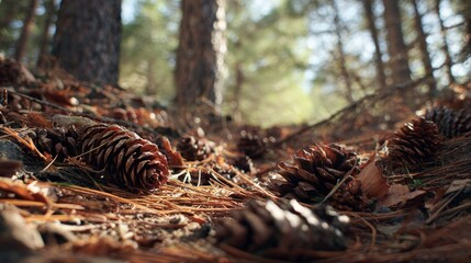 Pine cones on forest floor, sunlight filters through trees