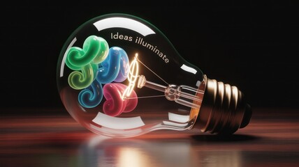A lightbulb with colorful swirls inside and the words ideas illuminate on the glass surface near the top