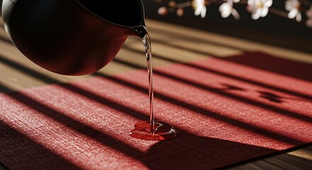 Clear liquid pours from a dark pitcher onto a textured red surface with light and shadow