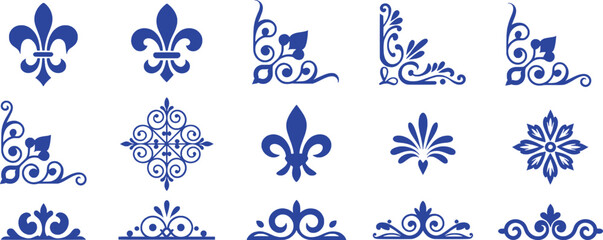 Blue ornamental flourishes and fleur de lis symbols vector © vector Art