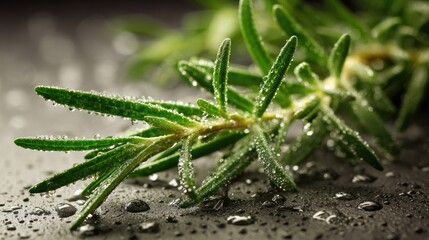 Obraz premium Close-up of fresh rosemary sprigs with water droplets