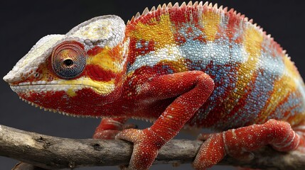 Obraz premium A close-up of a chameleon changing colors on a branch