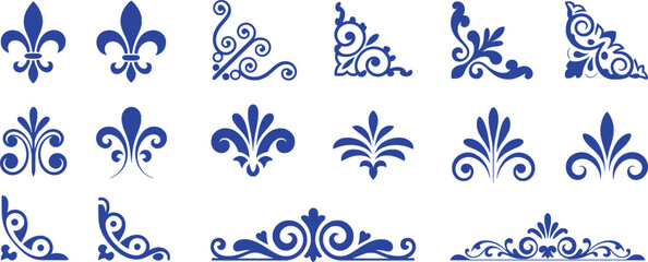 Blue ornate decorative elements and fleur de lis symbols vector © vector Art
