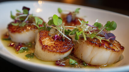 Close-up of beautifully seared scallops, garnished with microgreens and a flavorful sauce.