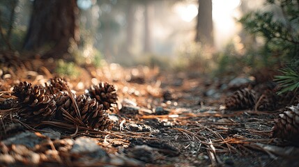 Obraz premium Pine cones on forest floor, sunlit path