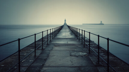Obraz premium The long pier extends towards a lighthouse on a foggy, moody, and gray day.
