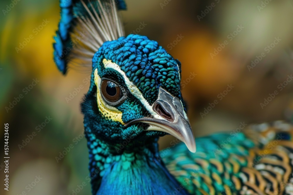 Poster close up of a peacock displaying vibrant iridescent blue and green feathers, with a sharp beak and i