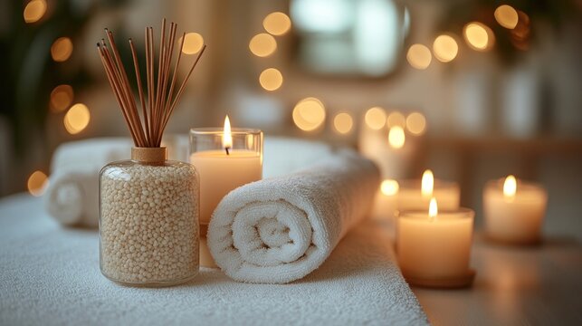 Warm spa scene with candles, diffuser, and rolled towels on a white surface, lit by bokeh lights