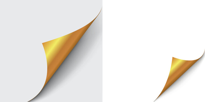 Blank page with curled edge corner and shadow, rolled up stickers, peel banners, bent sheet, curled page corner isolated on gray and white background, page curl with shadow on blank sheet