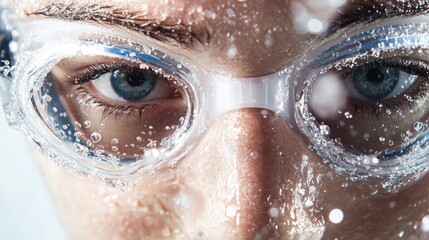 Close-up of Swimmer Adjusting Goggles with Water Droplets on Face in High Detail Shot on White Background