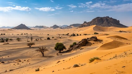 Explore scenic desert landscape with sand dunes mountains and blue sky travel destination
