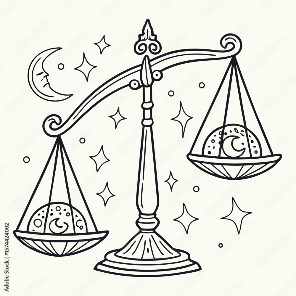Poster monoline hand drawing balanced scale design featuring celestial elements like stars and crescent moo