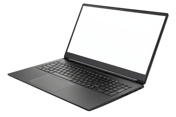 Top view silver laptop computer with dark keyboard layout visible, blank white screen shown, isolated on a transparent background