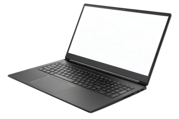 Top view silver laptop computer with dark keyboard layout visible, blank white screen shown, isolated on a transparent background