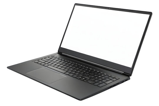 Top view silver laptop computer with dark keyboard layout visible, blank white screen shown, isolated on a transparent background - Powered by Adobe