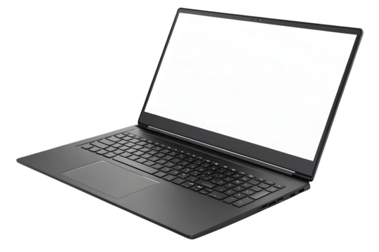 Top view silver laptop computer with dark keyboard layout visible, blank white screen shown, isolated on a transparent background