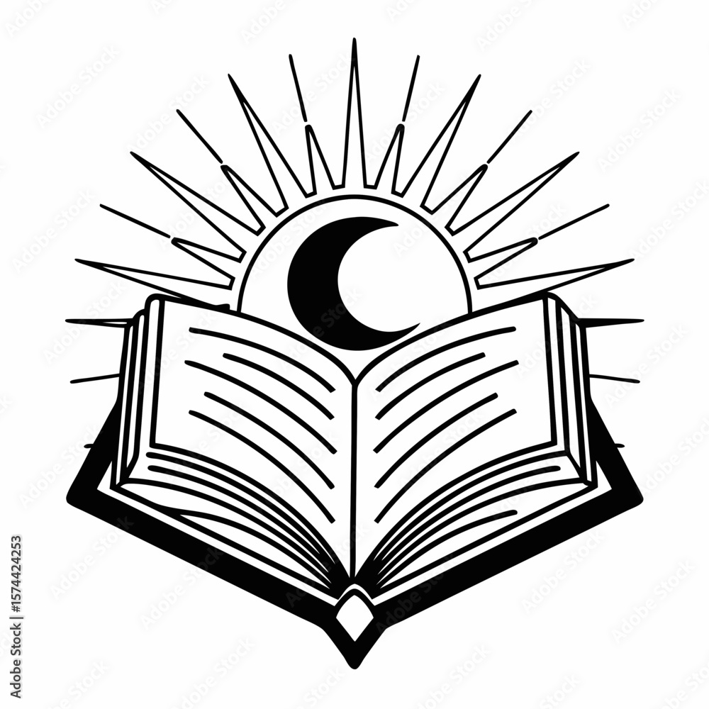 Poster monoline hand drawing open book with sun rays and crescent moon symbolizing knowledge and enlightenm