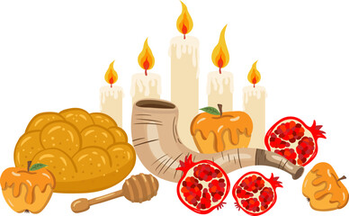 rosh hashanah evening table holiday vector set challah pomegranates apples honey shofar candles jewish new year festive