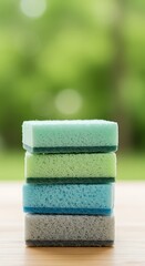 Stack of colorful cleaning sponges with textured abrasive sides on wooden surface