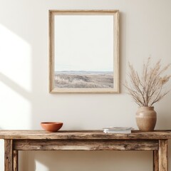 Coastal landscape print on a table