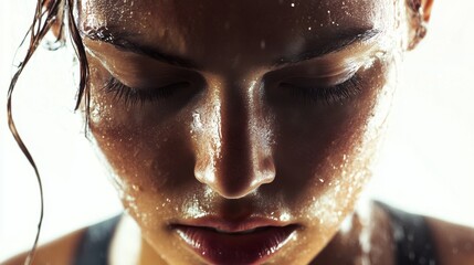 Determined Female Endurance Runner Taking Deep Breaths Close-up on White Background