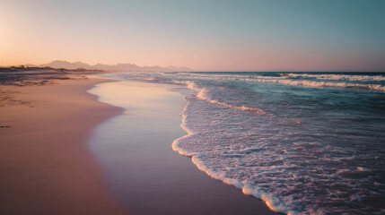 Fototapeta premium Beautiful sunset over a sandy beach with gentle waves and mountains.