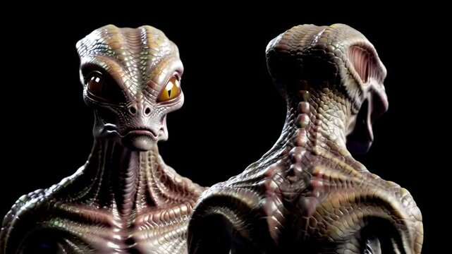 Close-up of a detailed reptilian alien creature with yellow eyes rotating on a black background