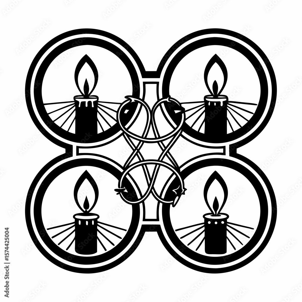 Poster monoline hand drawing candle symbols forming mirrored design with intertwined elements evoke sense o