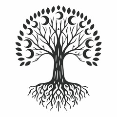 Monoline Hand Drawing Sacred tree silhouette with circular moon phases creates mystical atmosphere
