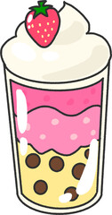 Strawberry Bubble Milkshake PNG – Pink Boba Drink with Whipped Cream and Tapioca Pearls