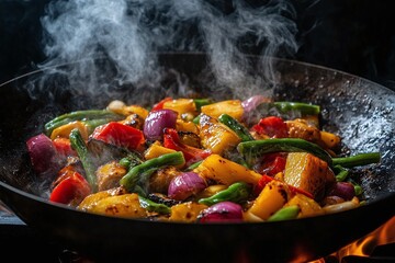 Colorful Vegetable Stir fry in a Pan with Steam