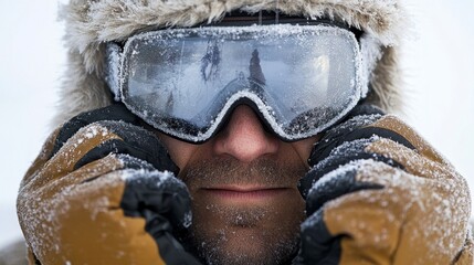 Winter Sports: Skier Adjusting Goggles with Frosty Breath Close-up on White Background