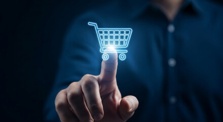 Close-up of hand interacting with a glowing shopping cart icon, illustrating online shopping or e-commerce concept