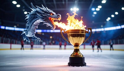 Dragon and trophy in a hockey arena