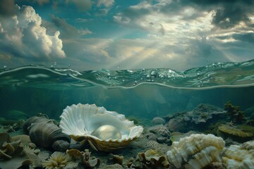 Open shell with a golden pearl inside lying on the seabed with sunlight rays piercing the surface