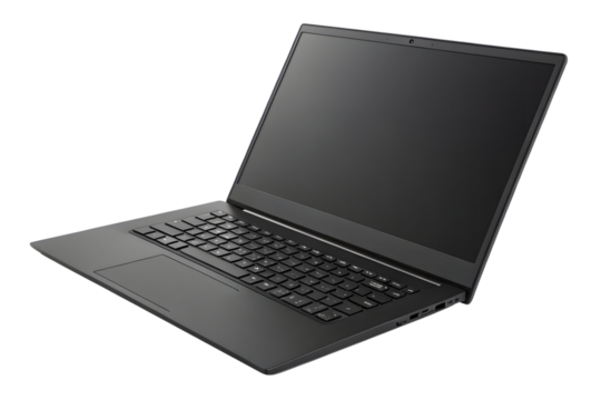Black laptop computer with black screen display open in angled position, isolated on a transparent background	