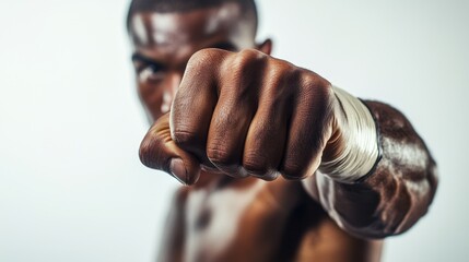 Dynamic Boxer in Defensive Stance - Close-up Shot on White Background with High Detail