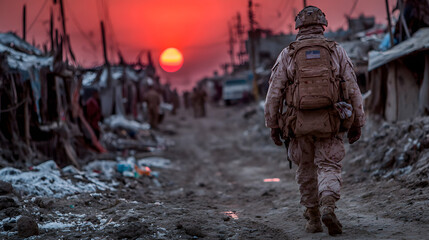 hd realistic shot of solitary soldier in a desolate war-torn landscape at sunset.