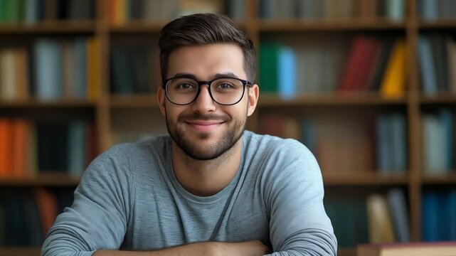 Smiling male student wearing glasses reading book, sitting among bookshelves, embodying scholarly ambiance in academic setting