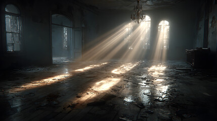 hd realistic shot of sunbeams illuminating dust motes in a derelict building interior.