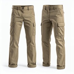 Two pairs of khaki cargo pants displayed with a subtle studio setting on white background