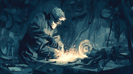 A metalworker in a protective mask grinds steel in a dark, moody workshop. Bright sparks fly, illuminating the gritty industrial scene. Digital painting.