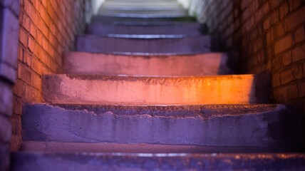 Close up view of concrete steps leading upwards between brick walls with warm and cool lighting