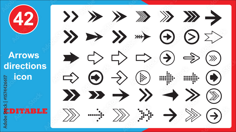 Poster collection of diverse arrow icons indicating direction and movement for design projects