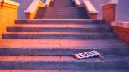 A lost sign placed on the bottom step of a long staircase leading up under a twilight sky scene