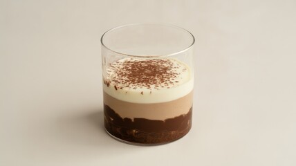 A clear glass filled with a layered chocolate dessert topped with chocolate shavings on a light background